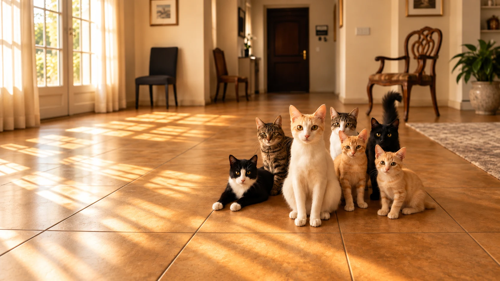 Grupo de gatos en una habitación iluminada por el sol